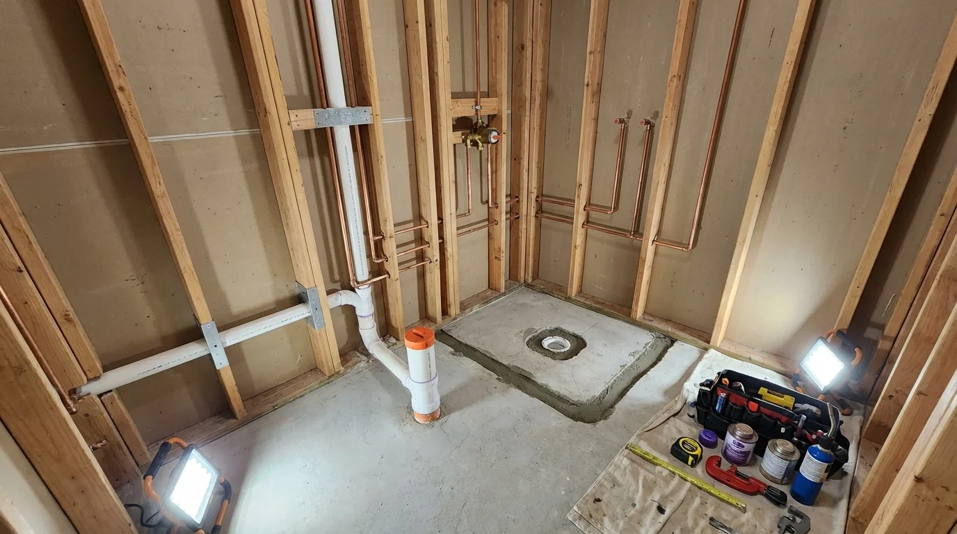Bathroom rough-in plumbing during remodel by Johns Plumbing LLC in Rancho Cordova