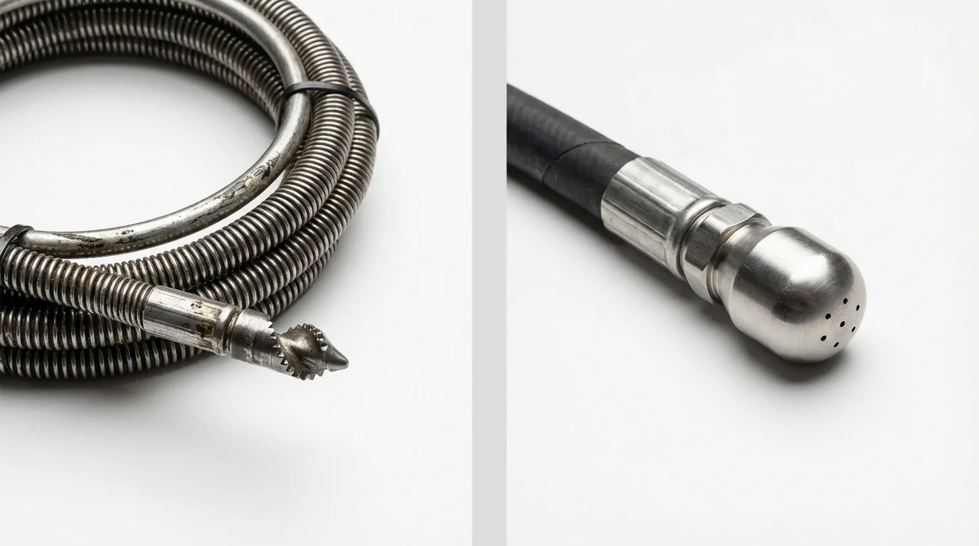 Drain snake cable and hydro jetting nozzle used for drain cleaning in Rancho Cordova, CA