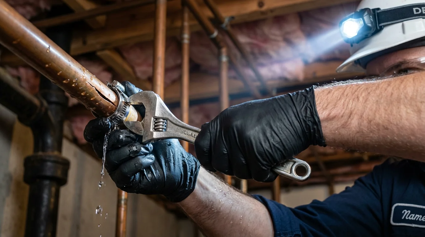 Emergency pipe clamp repair being performed by a Johns Plumbing LLC plumber in Rancho Cordova