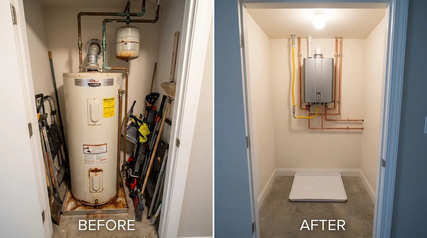 Tank water heater versus wall-mounted tankless unit comparison for Rancho Cordova, CA homeowners