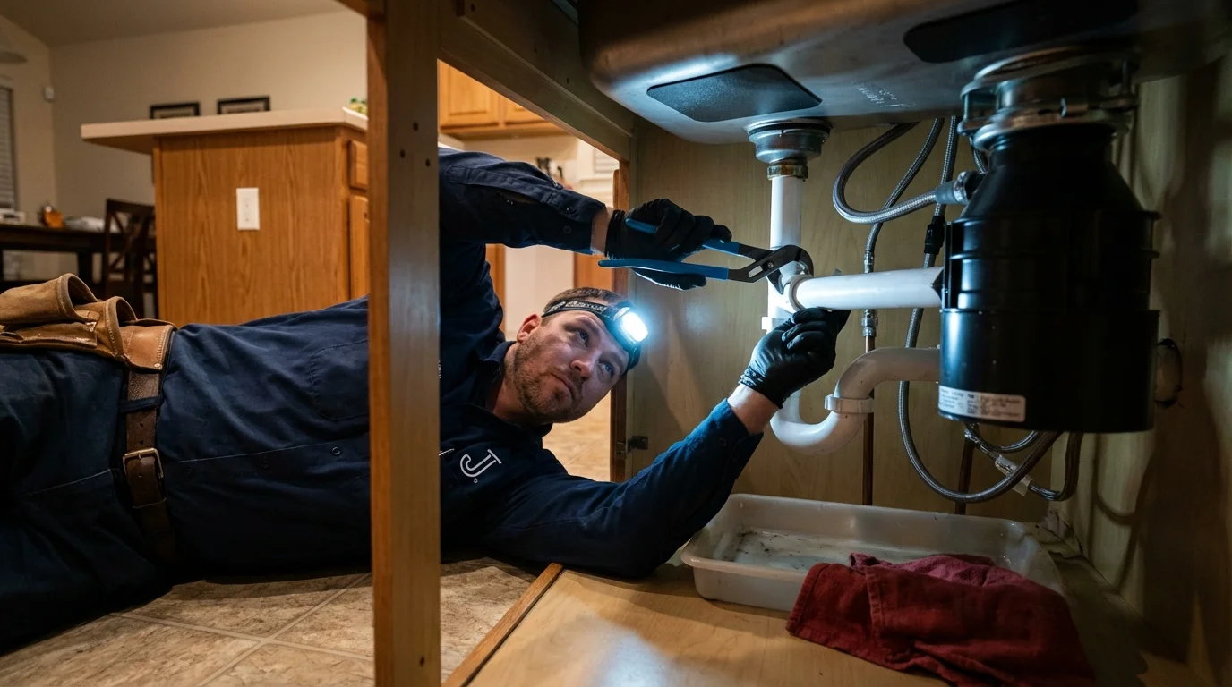 P-trap and supply line connections under a kitchen sink showing a common leak point in Rancho Cordova, CA